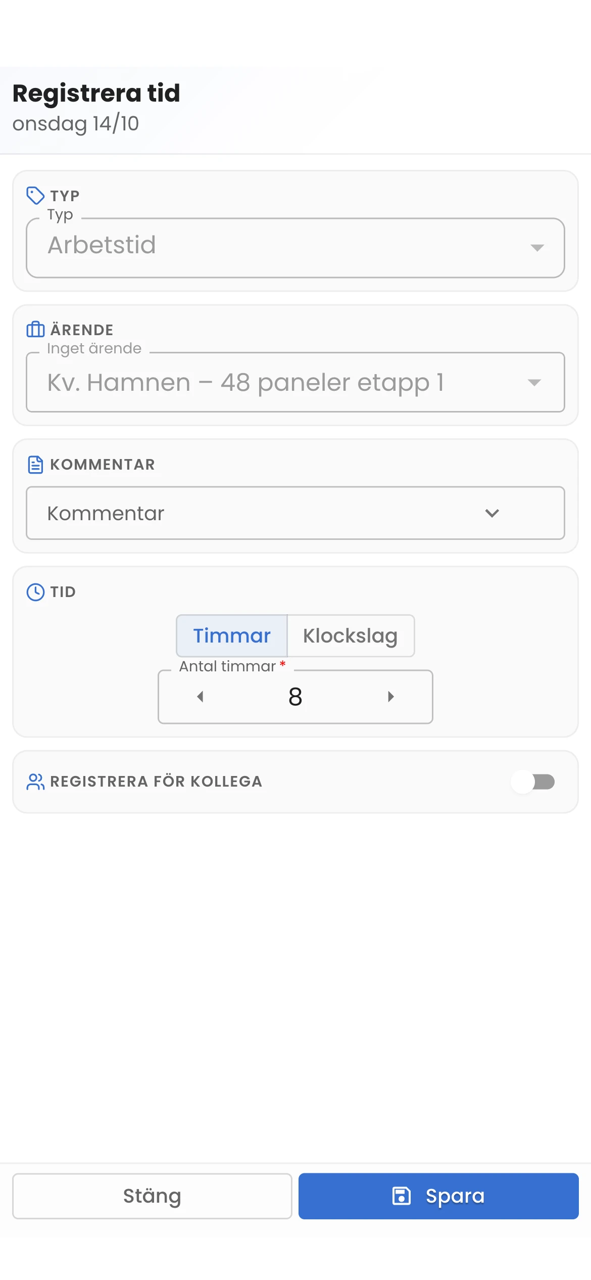 Registrera tid på ett ärende i mobilen