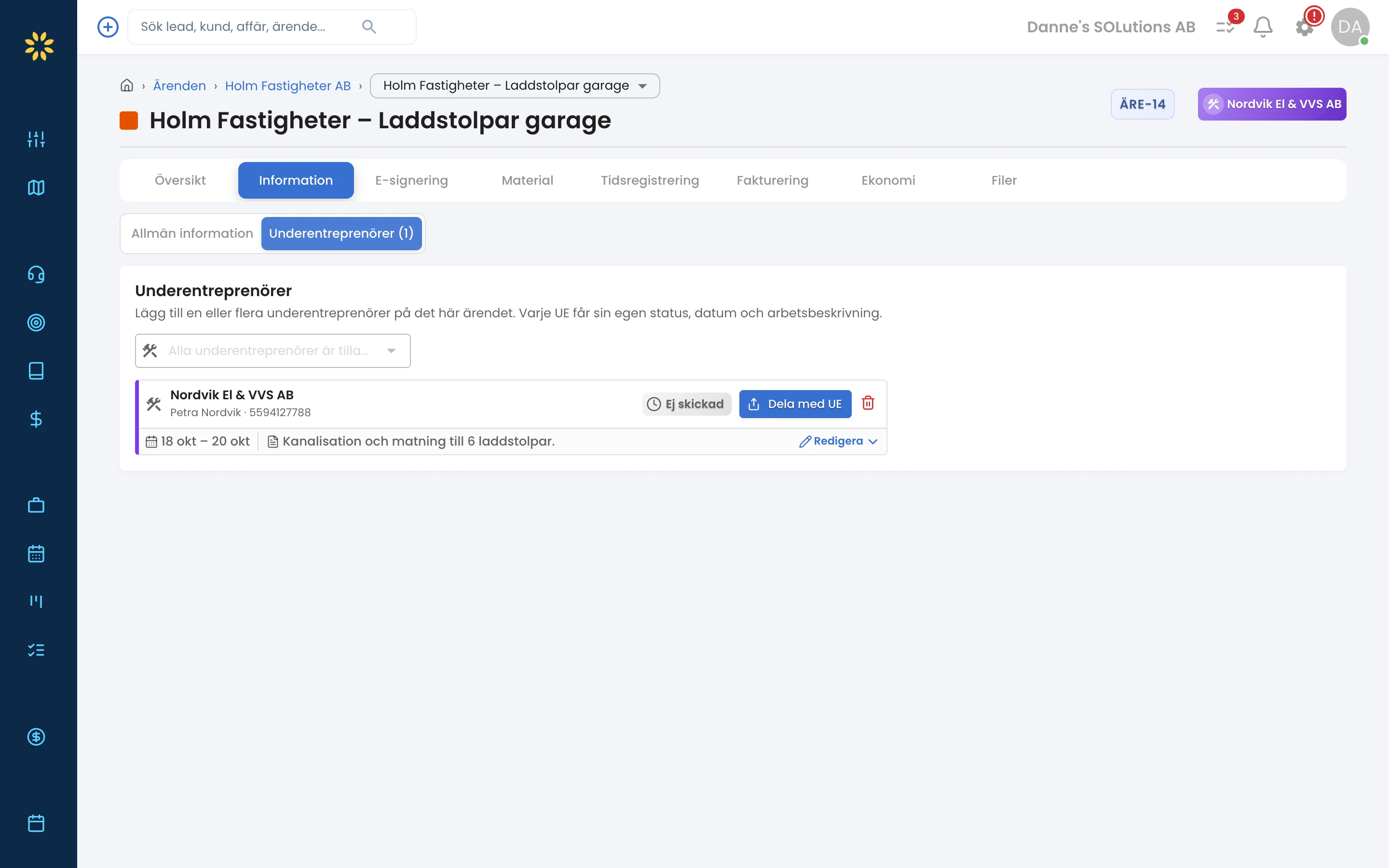 Ärendets UE-flik hos huvudentreprenören med knappen Dela med UE